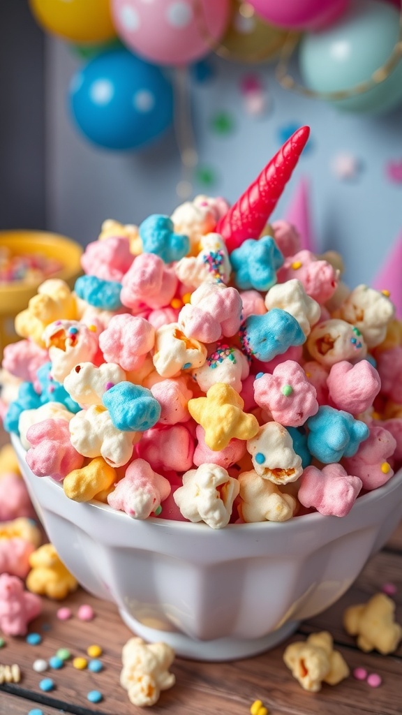A colorful bowl of unicorn popcorn with pink, blue, and yellow candy melts, sprinkles, and glitter, set against a festive party backdrop.